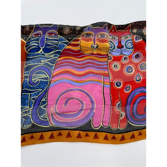 Laurel Burch "Feline Family Portrait" 100% Silk Scarf Vibrant Multicolor Cat Des - Picture 13 of 14